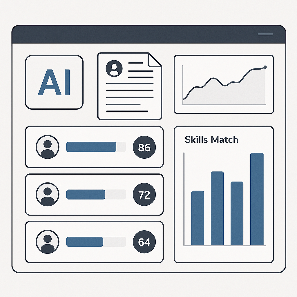 A sleek AI-powered dashboard analyzing resumes, with candidate scorecards and skill-matching graphs on a modern, profess...
