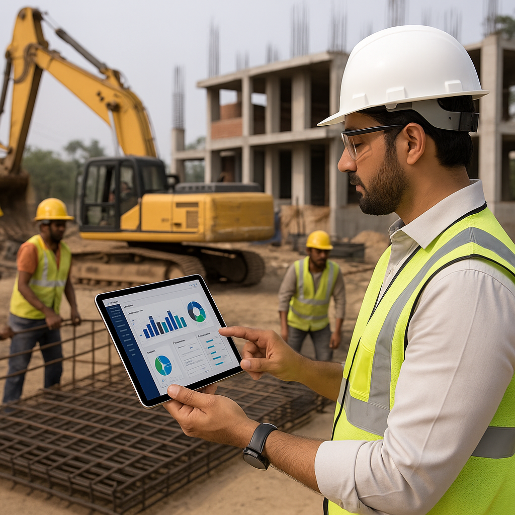 An Indian construction site with workers, machinery, and a project manager holding a tablet showing an ERP dashboard, em...