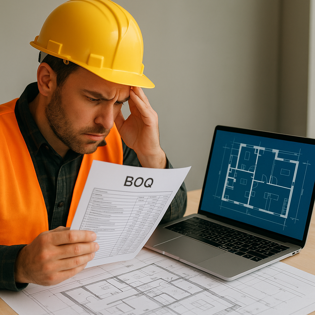 A frustrated contractor comparing a detailed BOQ against a generic AI-generated blueprint on a laptop, with construction...