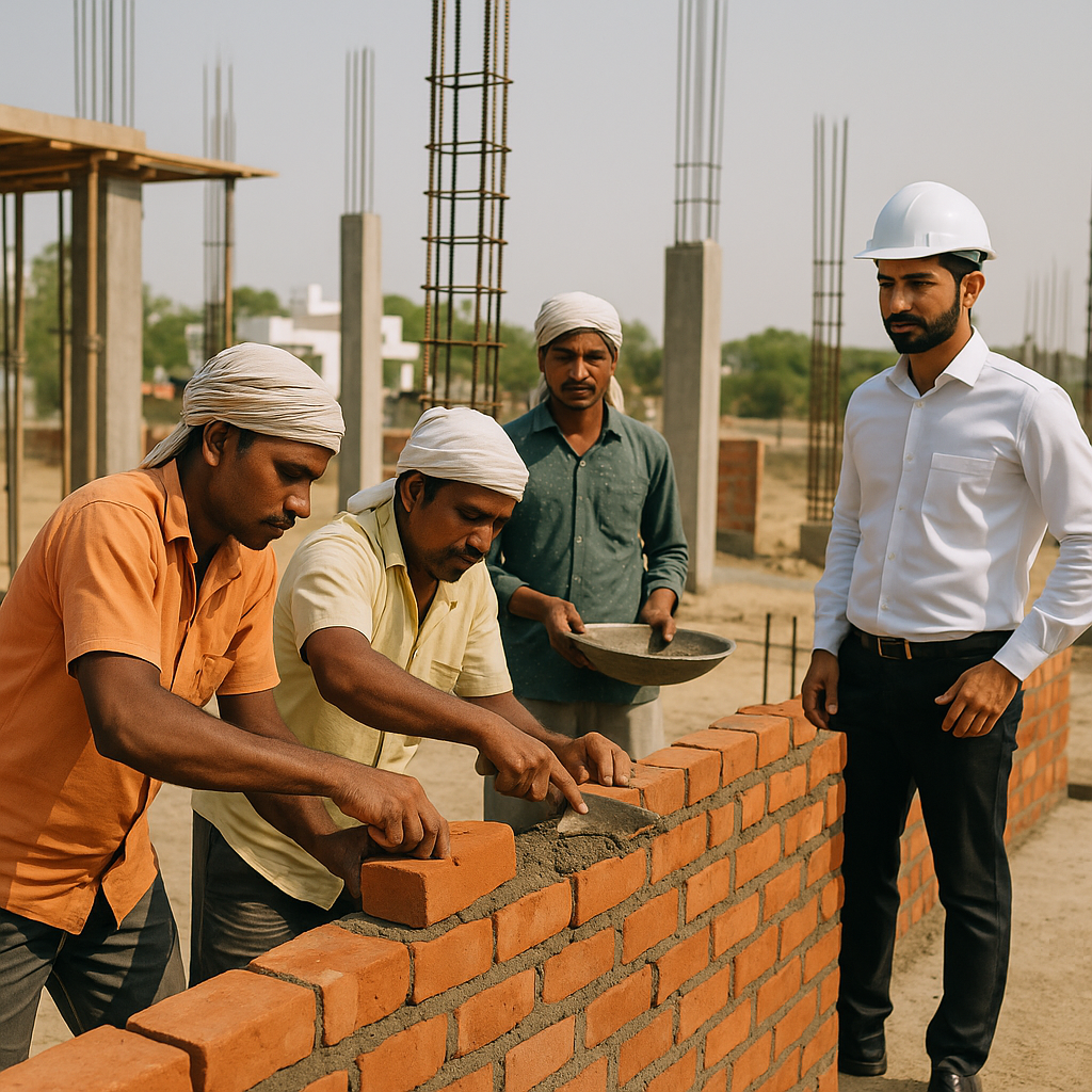 A construction site in India during summer with workers laying bricks under supervision, showcasing labour productivity...