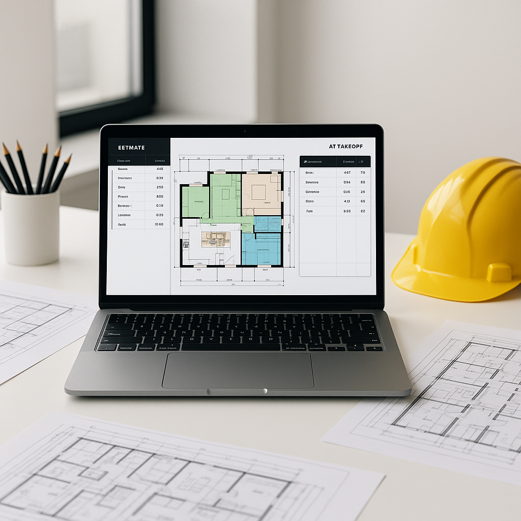A modern construction estimator's desk with a laptop displaying an AI-powered takeoff software interface, alongside proj...