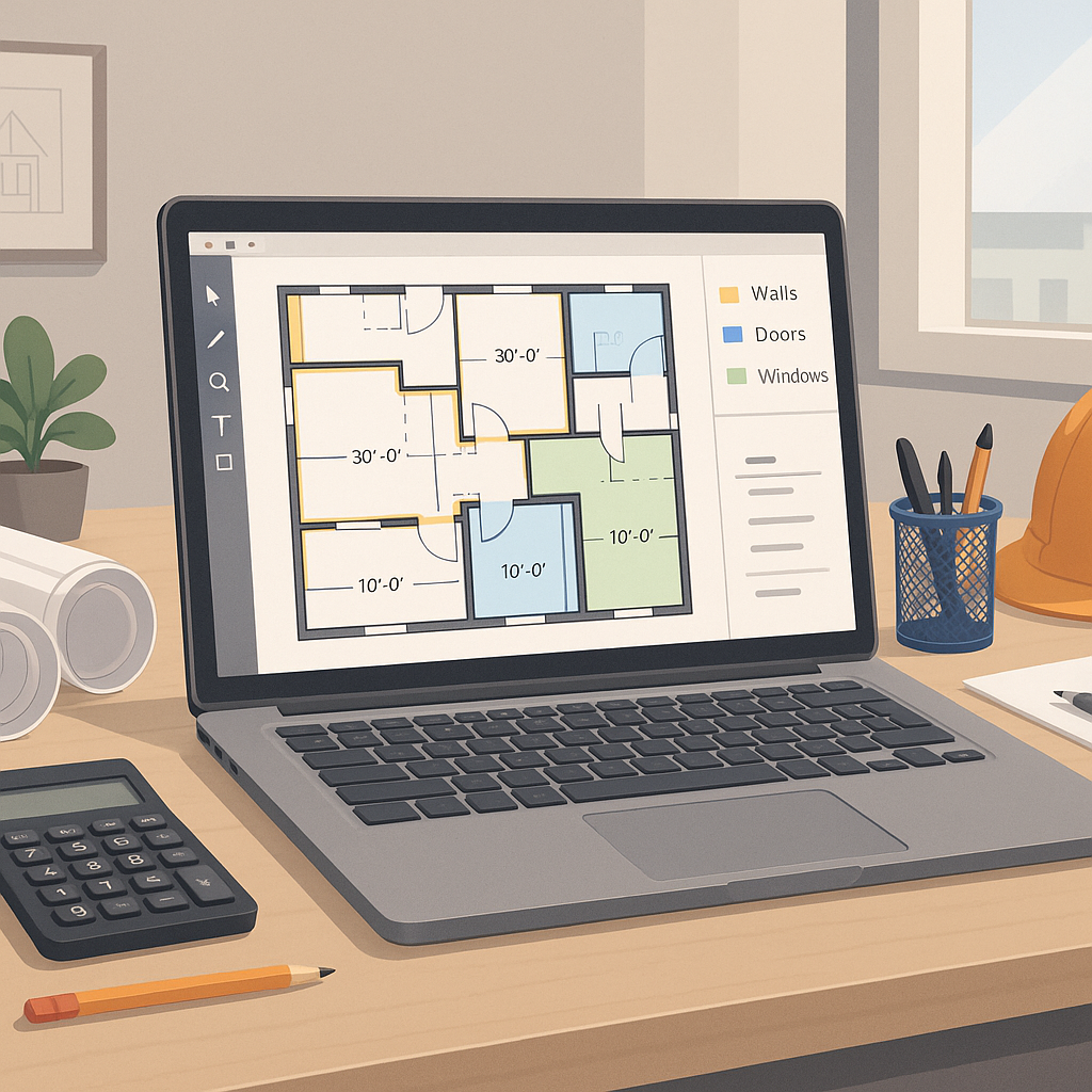 A detailed illustration of a construction estimator's desk with a laptop displaying AI-powered takeoff software. The scr...