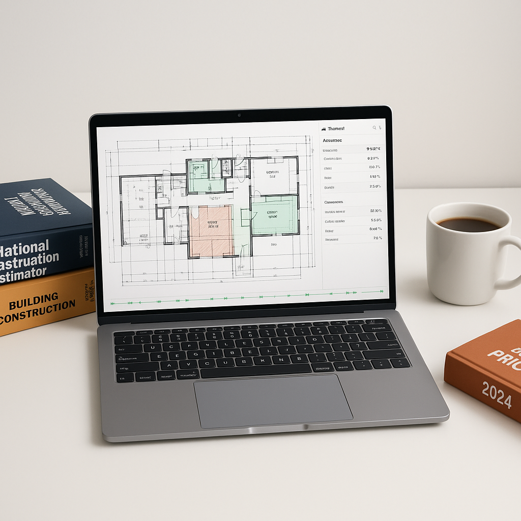 A modern estimator's desk with an open laptop showing AI-powered takeoff software analyzing a blueprint, surrounded by c...