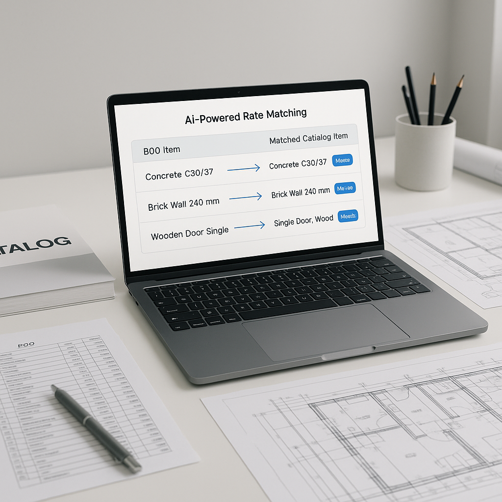 A construction estimator's desk featuring a laptop screen showing AI-powered rate matching in action, with catalogs, BOQ...