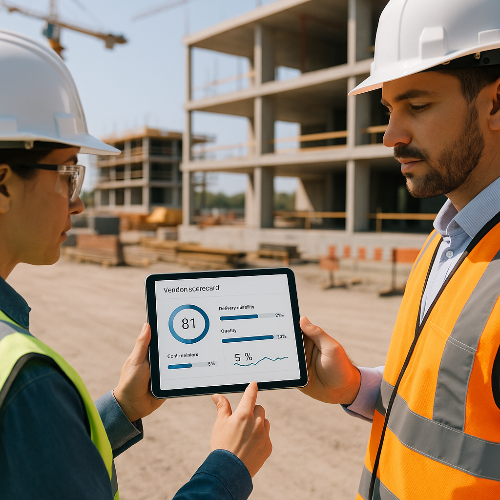 A construction project site with managers reviewing a vendor scorecard on a tablet, showing metrics like delivery reliab...