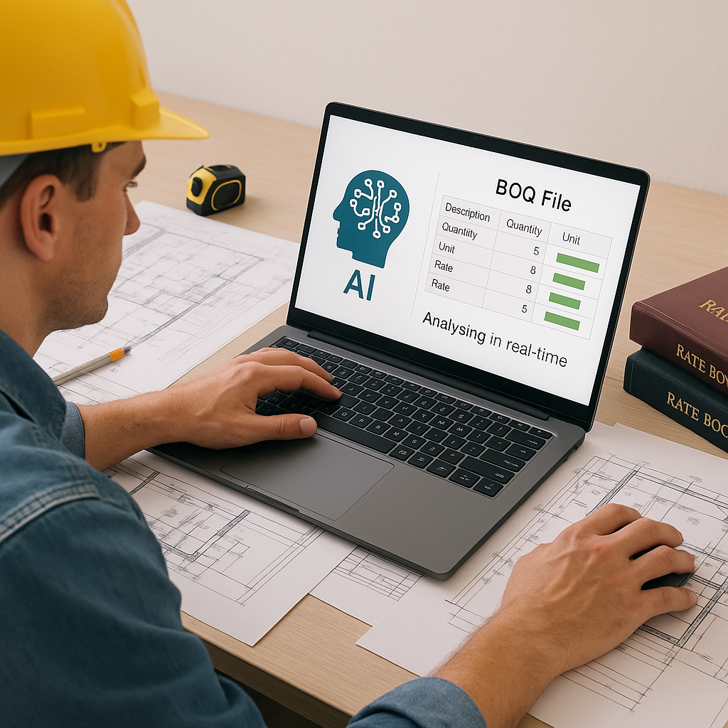 A construction estimator working on a laptop, with AI-powered software analyzing a BOQ file in real-time, surrounded by...