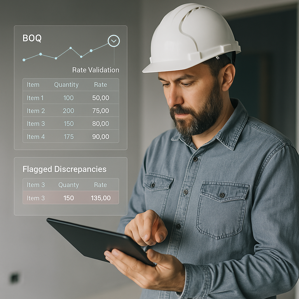 A contractor reviewing a BOQ on a tablet, with AI-powered analytics displayed as overlays, showing rate validation and f...