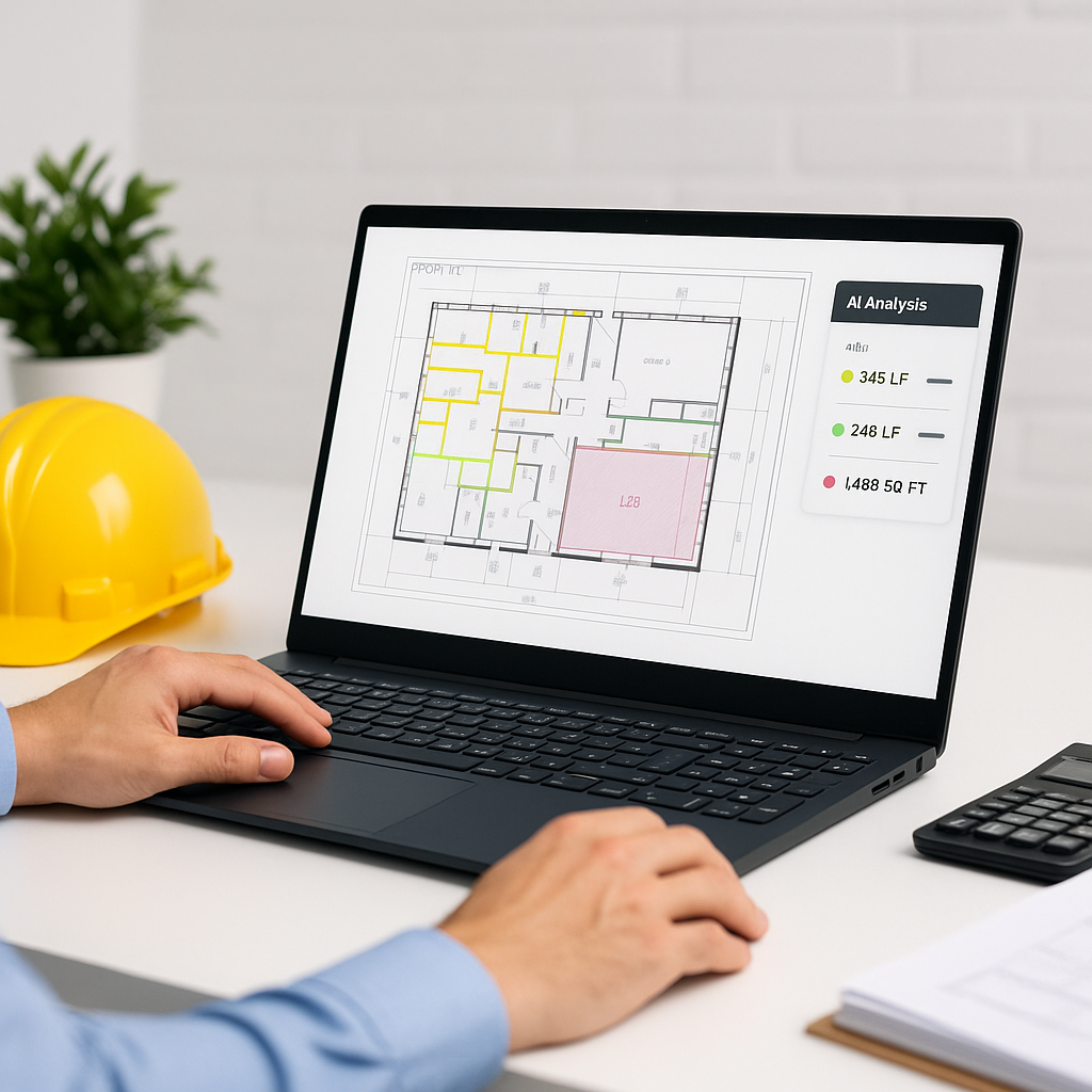 A construction estimator's desk showing AI-powered software analyzing a PDF drawing with highlighted takeoff quantities.