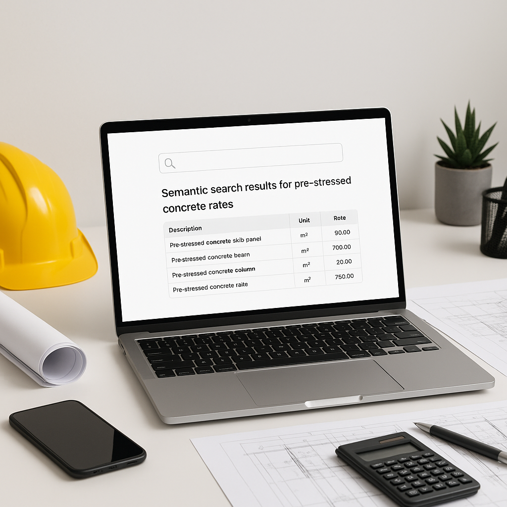 A modern construction estimator's desk with a laptop running AI-powered rate matching software, showing semantic search...