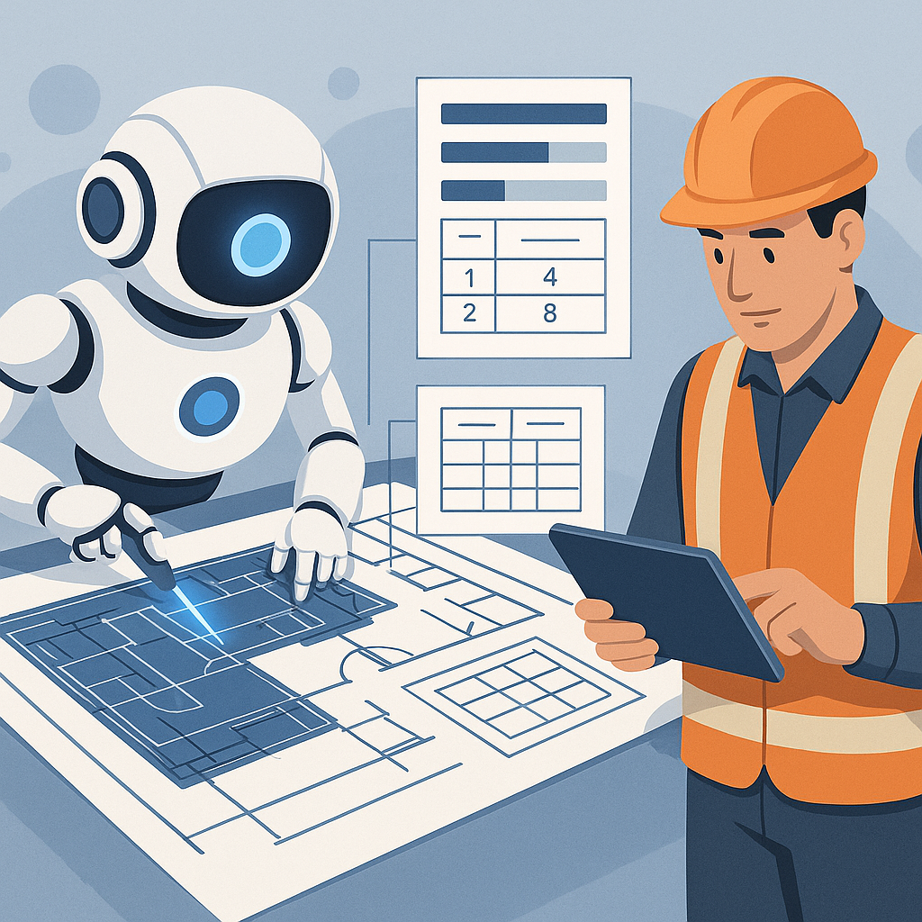 A detailed illustration of an AI-powered construction takeoff tool scanning a blueprint, extracting BOQ quantities, with...