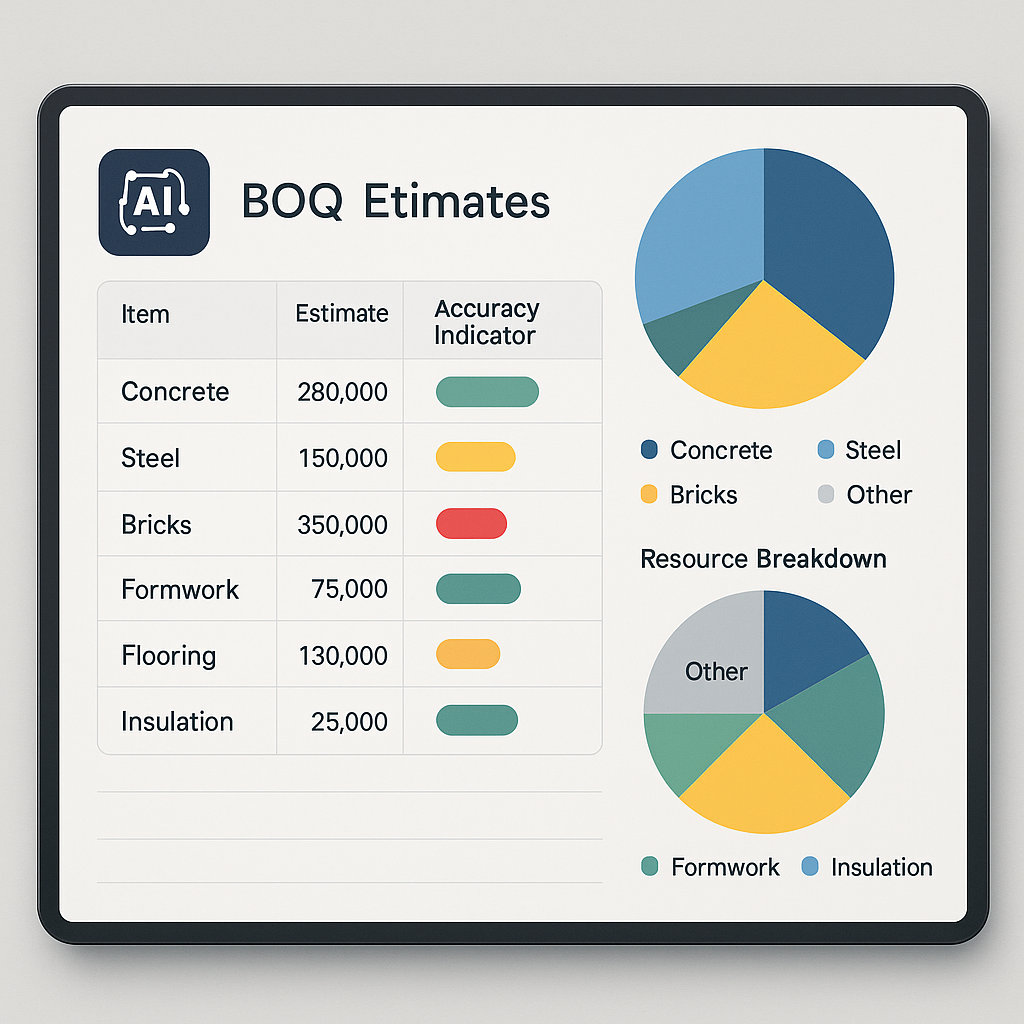 An AI-powered dashboard showing construction BOQ estimates with color-coded accuracy indicators and resource breakdown c...
