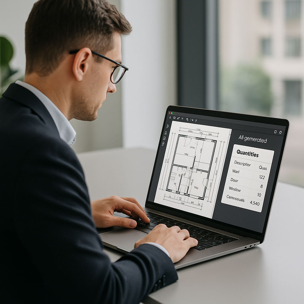 A professional depiction of an estimator using AI-powered software on a laptop, with a PDF drawing on screen showing aut...