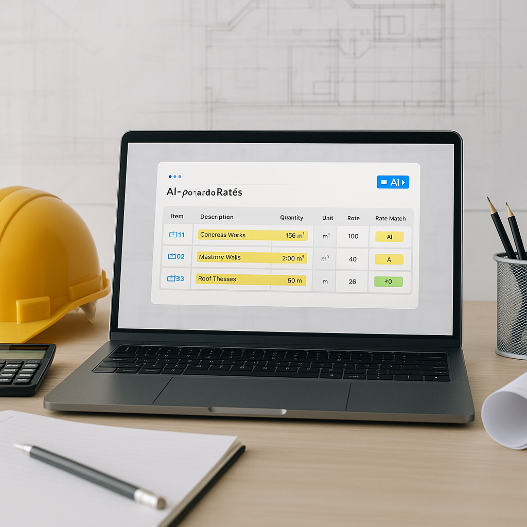 A modern construction estimator's desk with a laptop running AI-powered rate matching software, showing highlighted BOQ...