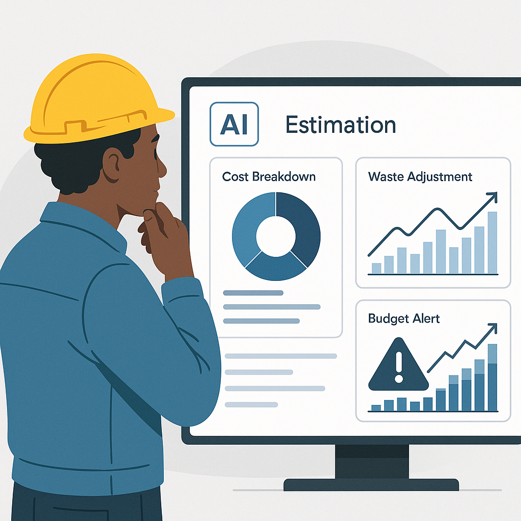 A detailed illustration of a contractor reviewing an AI-powered estimation dashboard, with graphs showing cost breakdown...