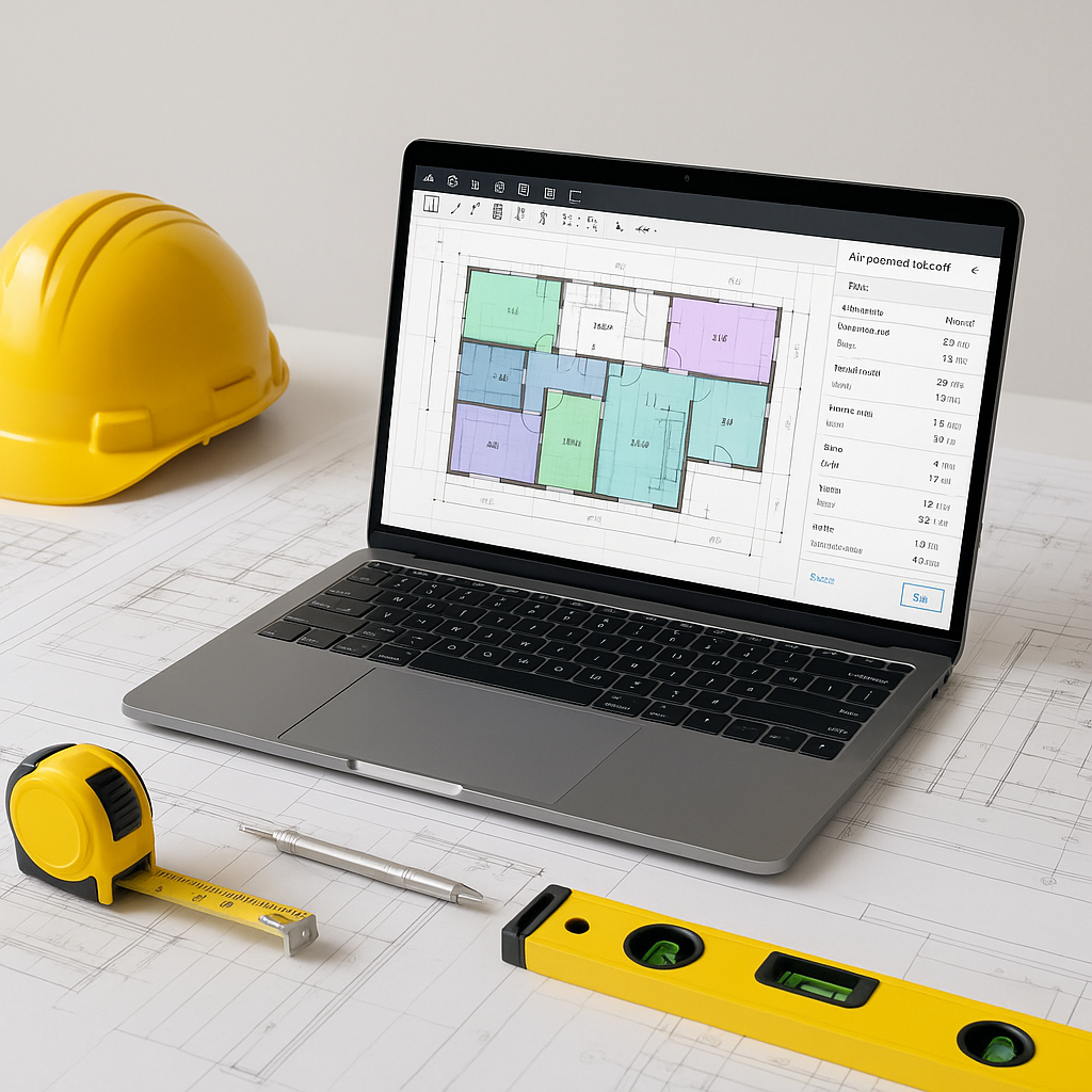 A modern construction office desk with a laptop displaying AI-powered takeoff software, surrounded by construction bluep...