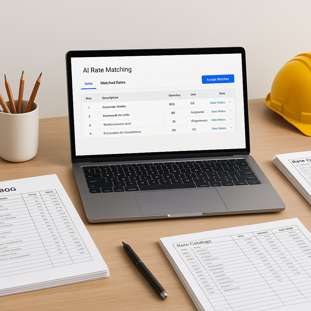 A construction estimator's desk with a laptop screen displaying an AI-powered rate matching tool. Include a BOQ file and...