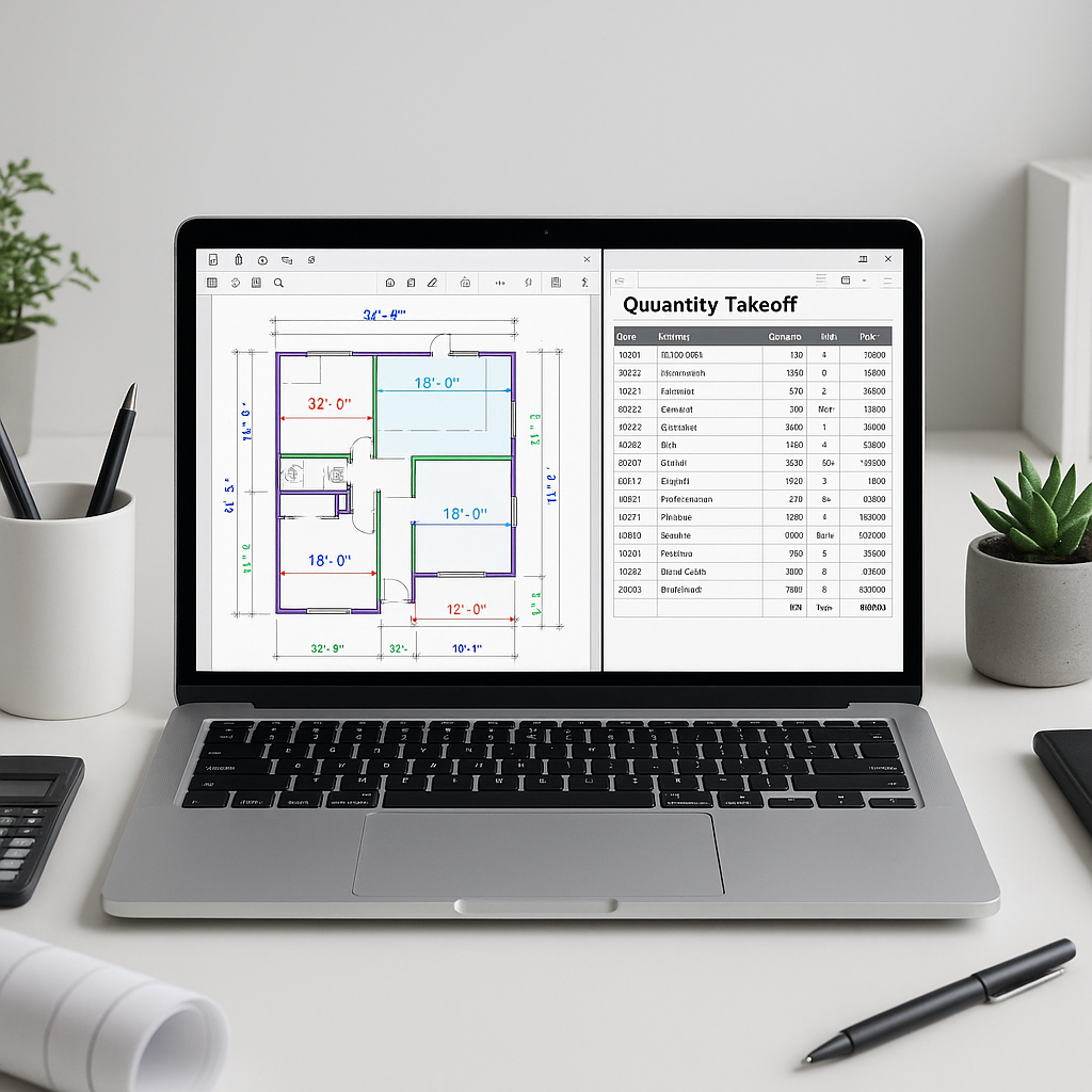 A modern construction estimator's desk with a laptop running AI-powered takeoff software, showing a PDF drawing with hig...