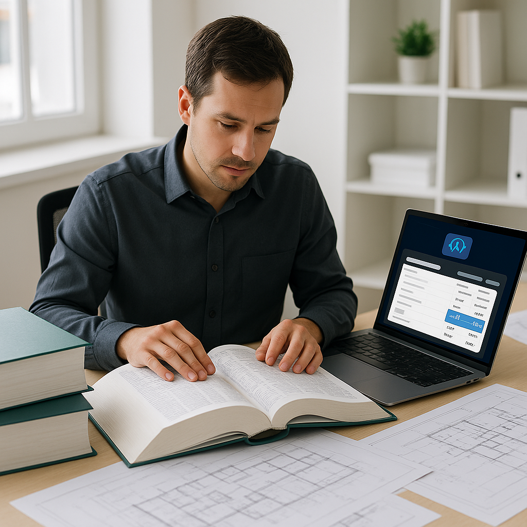 An estimator sitting at a desk surrounded by massive rate books, flipping through pages while a sleek AI-powered tool on...