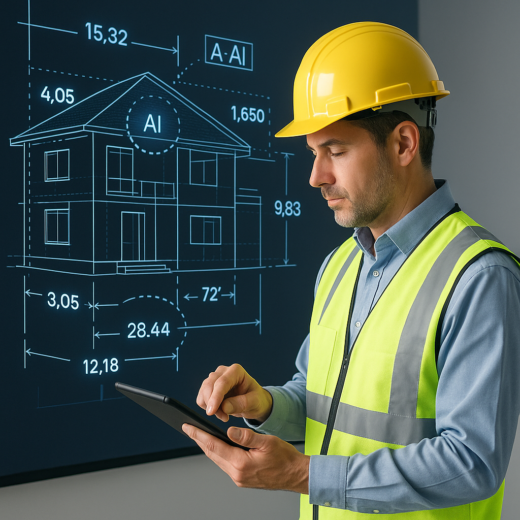 A construction estimator working on a tablet in front of a large digital screen displaying a building's blueprint with A...