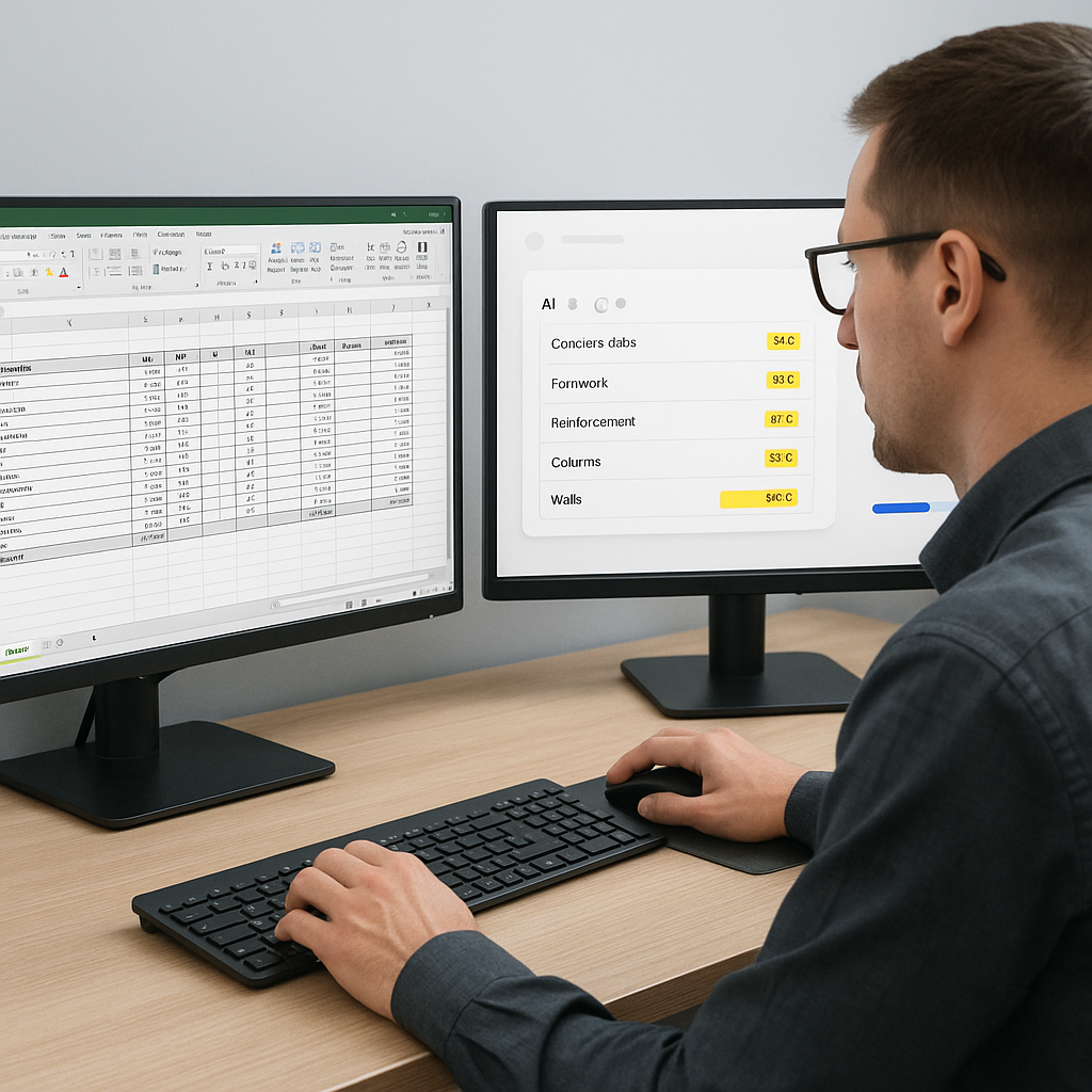 An estimator working on a dual-screen setup—one screen showing a BOQ in Excel format, the other displaying an AI-powered...