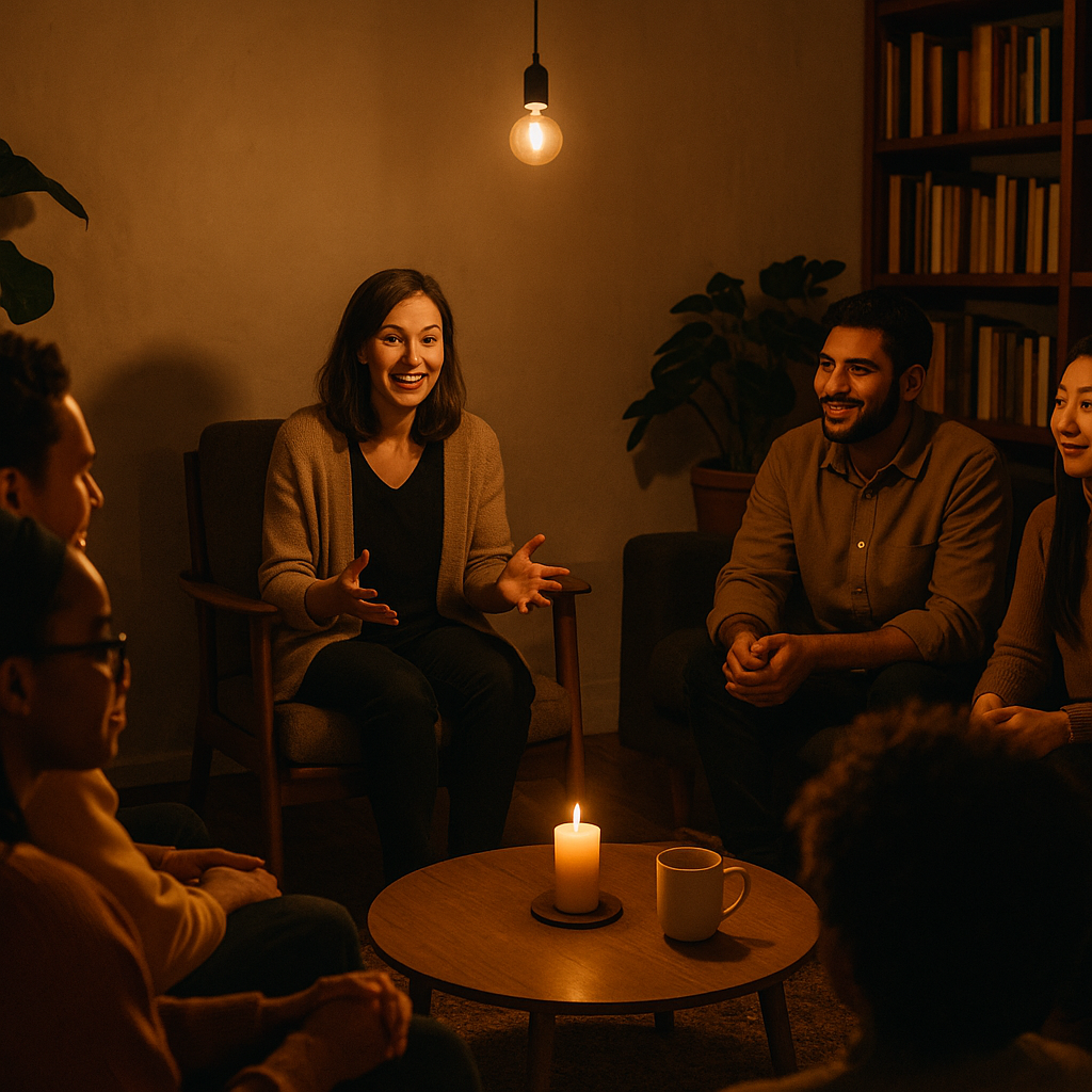 An intimate, dimly-lit community event with diverse attendees engaged in storytelling activities. Warm tones, cozy ambia...