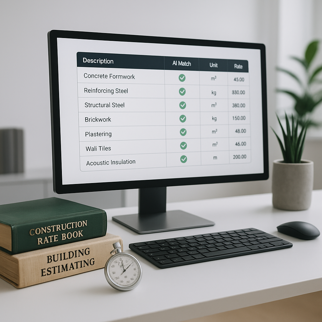 A modern construction estimator's desk with a computer screen showing AI-powered rate matching software, surrounded by o...