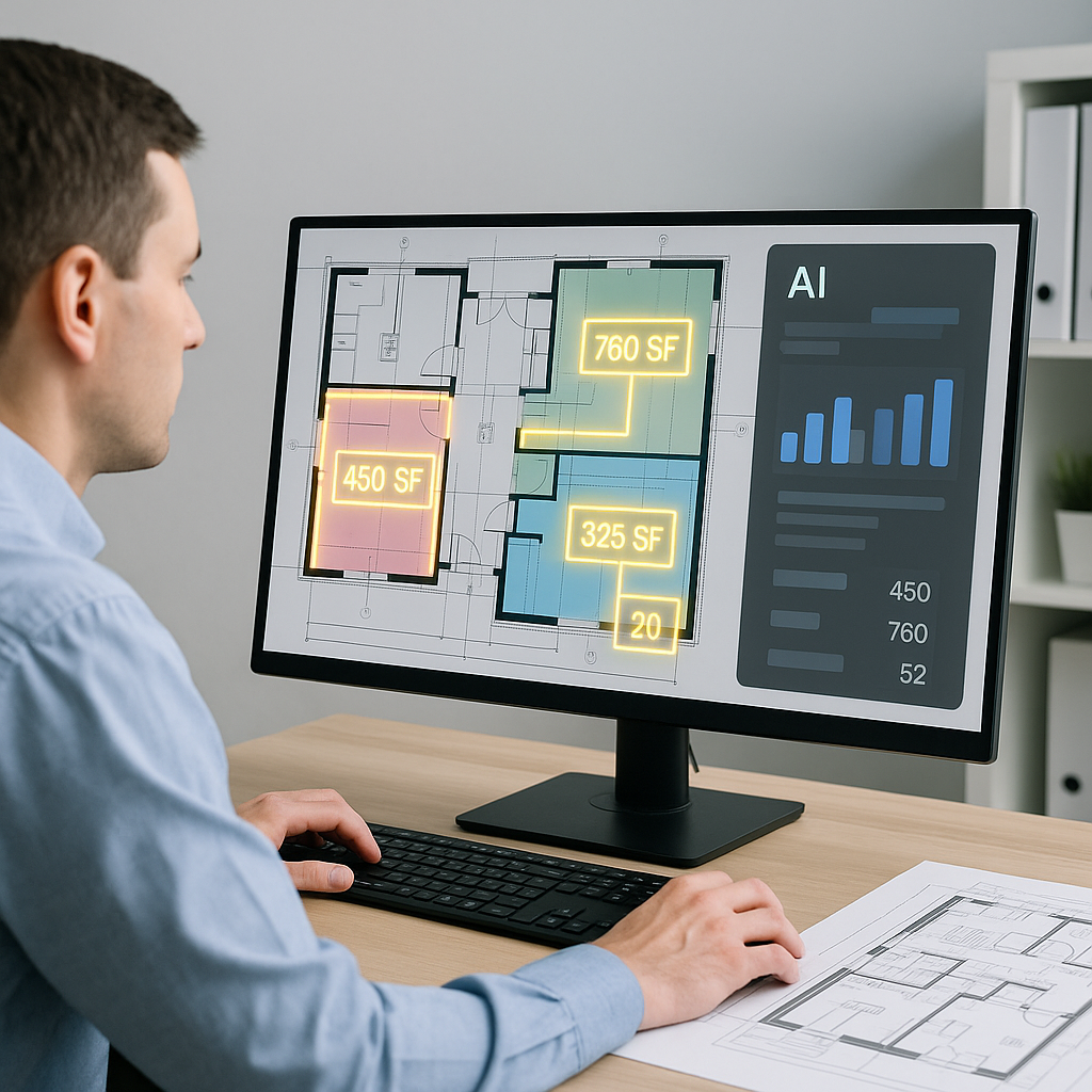 A detailed image of an estimator working on a computer with AI visual overlays highlighting automated takeoff from a PDF...