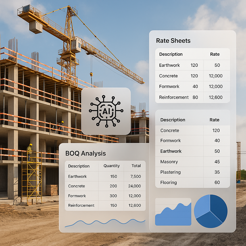 A realistic construction site with a digital overlay showing AI tools analyzing BOQs and rate sheets, featuring a clean...