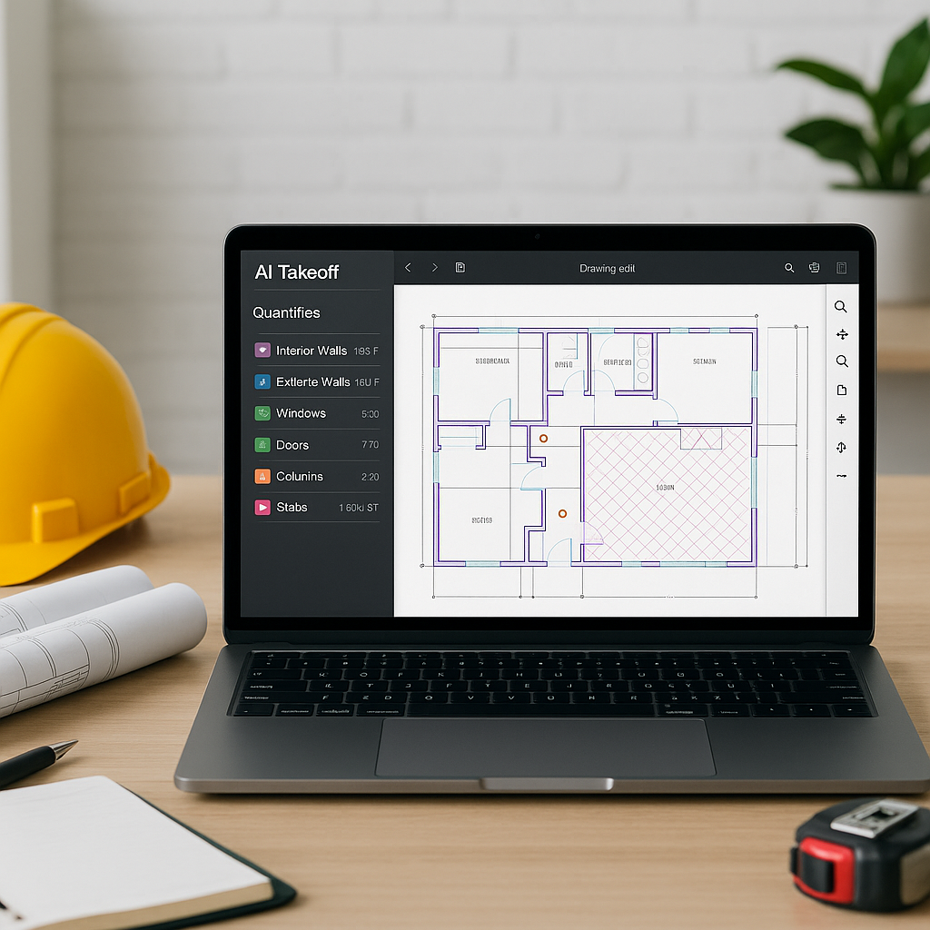 A construction estimator's desk with a laptop showing AI-powered takeoff software extracting quantities from a PDF drawi...
