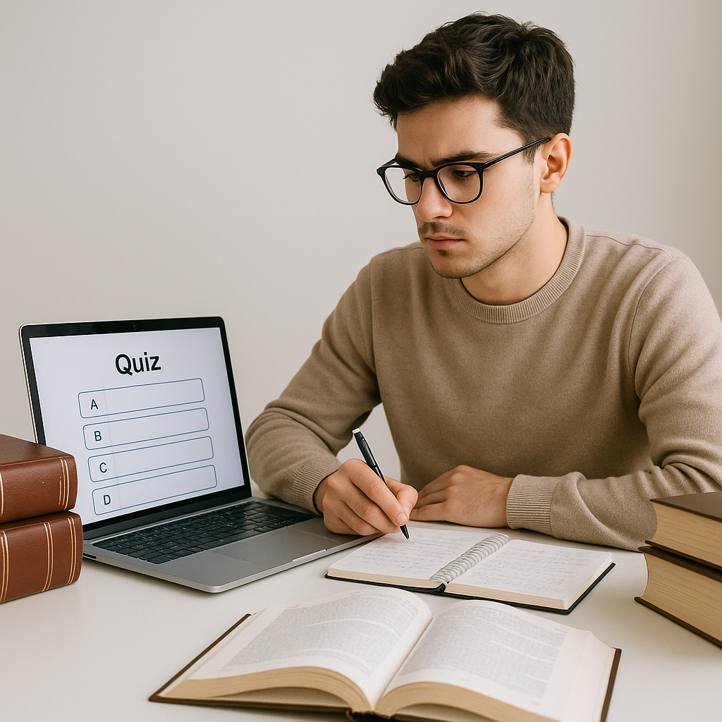 A focused student sitting at a desk, laptop open, surrounded by legal books and notes, with a clean and minimalist study...