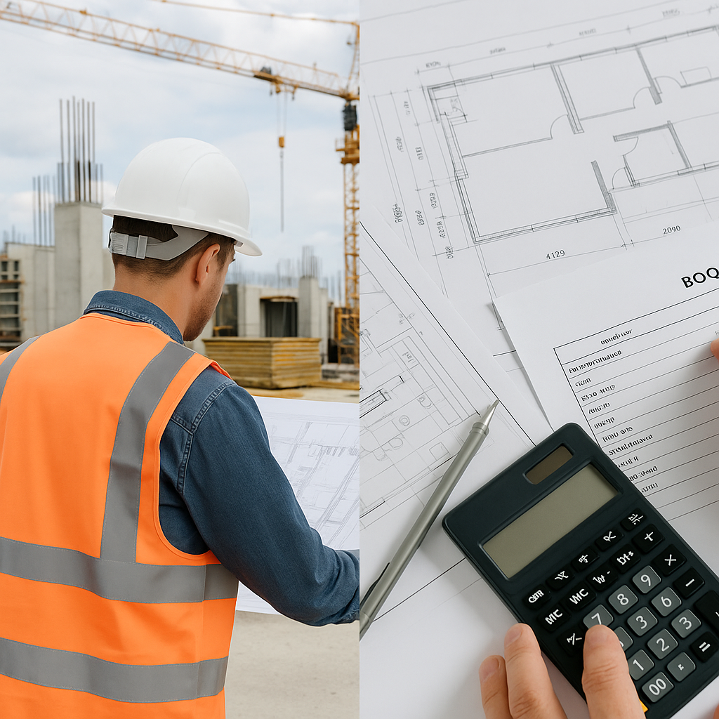 A construction site with a split-screen effect: one side showing a contractor reviewing blueprints (IGMP stage), and the...