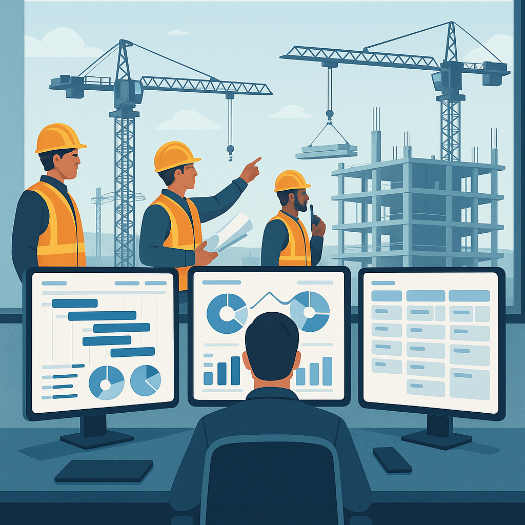 A detailed illustration of a construction site control room with digital screens showing project management software das...