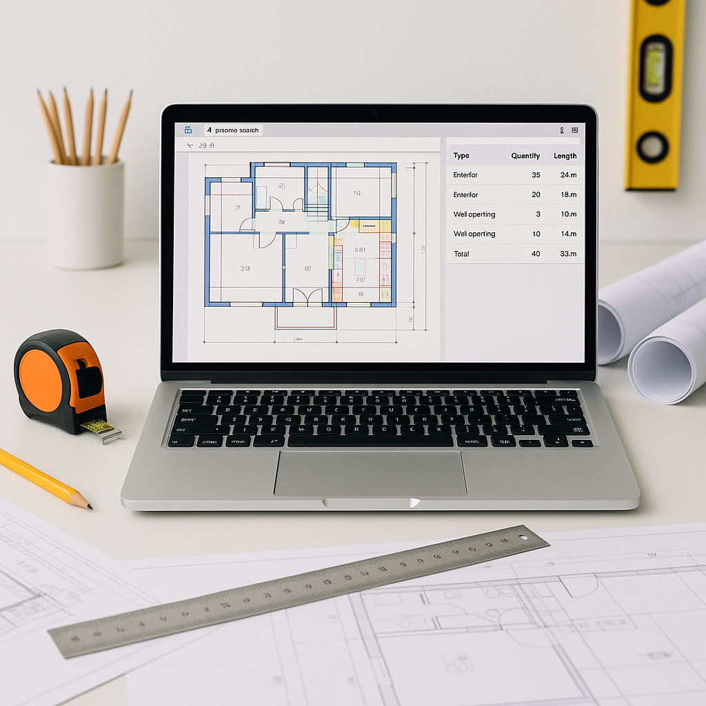 A modern construction estimator's desk with a laptop showing AI-powered takeoff software extracting quantities from a PD...