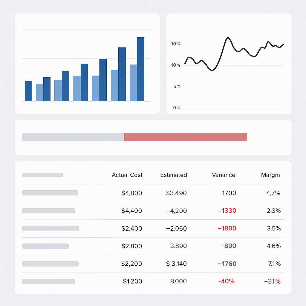 A detailed dashboard view showing a BOQ Margin Report with graphs, tables, and negative margin highlights, designed for...