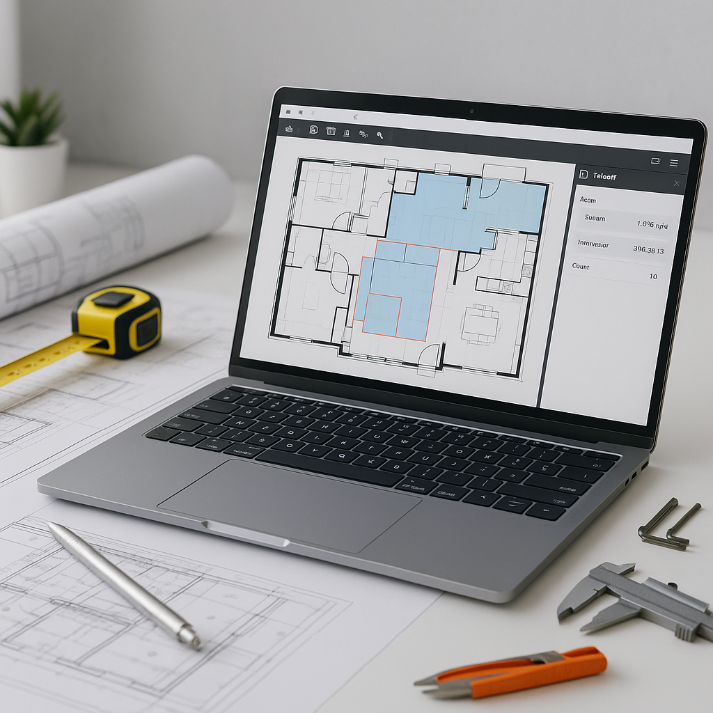 A modern construction estimator's desk with a laptop showing AI-powered takeoff software, alongside blueprints and measu...