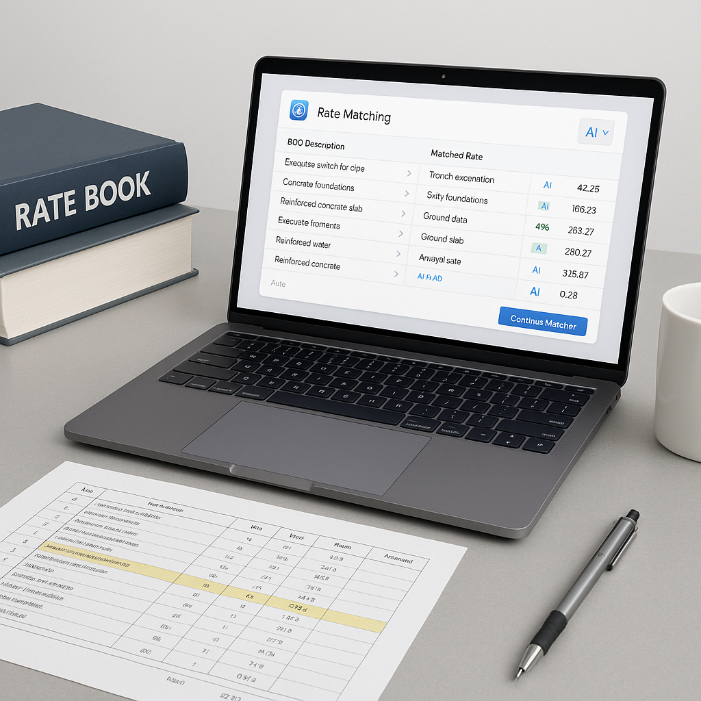 A construction estimator's desk with an open laptop displaying AI-powered rate matching software, surrounded by thick ra...