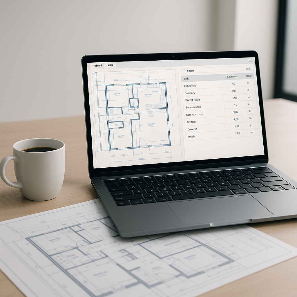 A modern construction estimator's desk with a laptop running AI-powered takeoff software, showing a clear, automated BOQ...