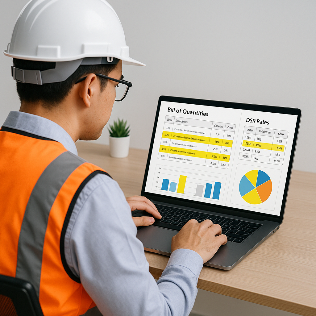 A construction estimator reviewing BOQ and DSR rates on a laptop, with highlighted sections and charts visible on a mode...
