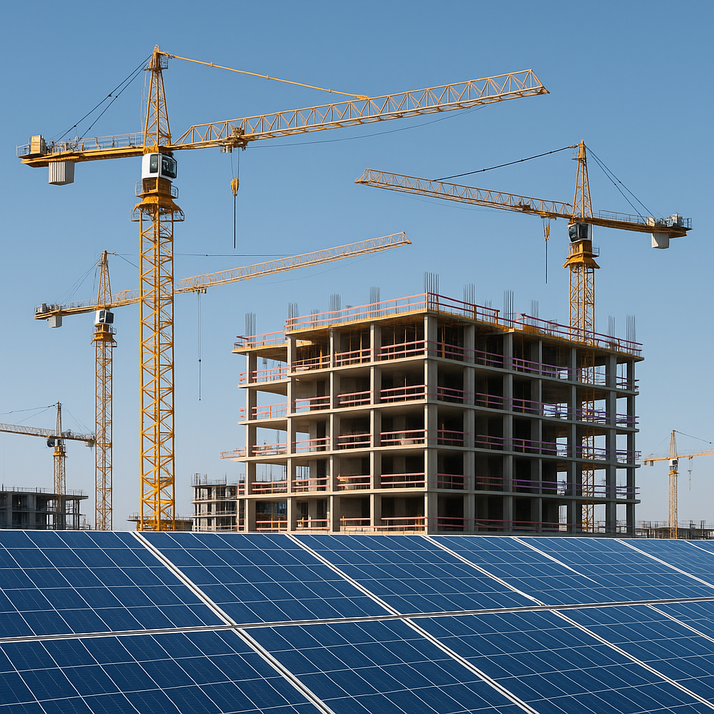 A modern construction site with cranes and solar panels in the foreground, symbolizing sustainable development amidst su...