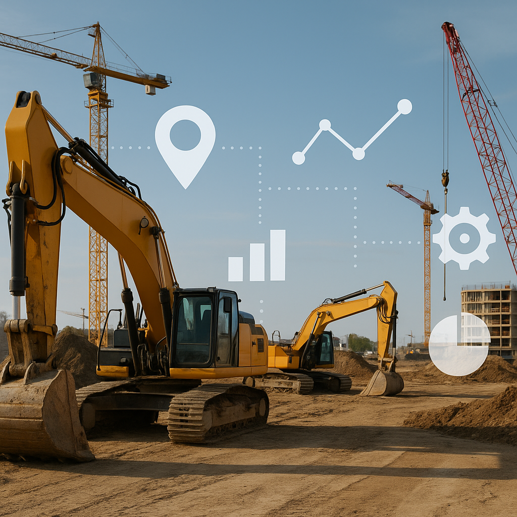 A construction site showing heavy equipment (e.g., excavators, cranes) with overlayed icons representing digital trackin...