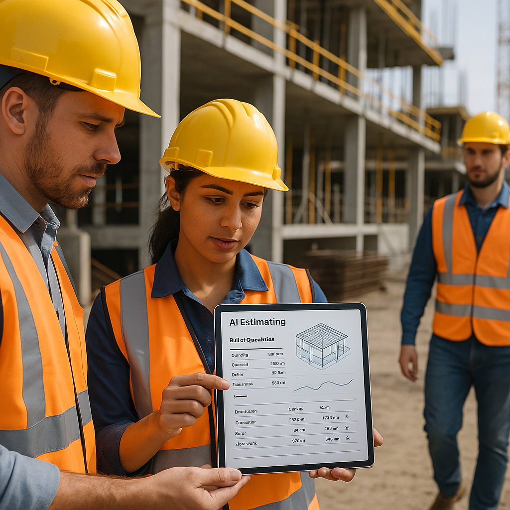 A construction site with workers using a tablet for AI-powered estimating, showing accurate BOQ breakdowns on the screen...