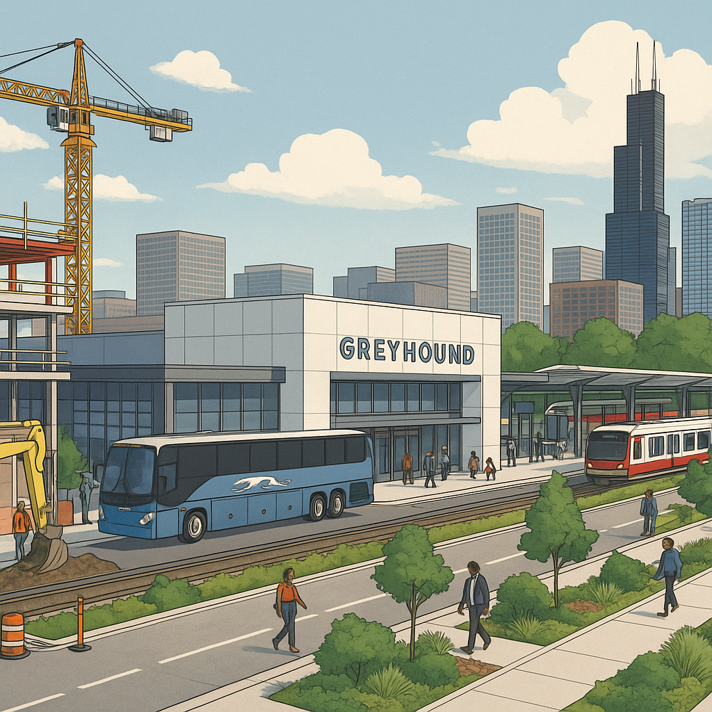 A detailed illustration of Chicago's Greyhound bus terminal redevelopment, showing a mix of construction activity, publi...