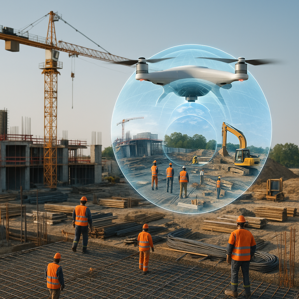 A construction site with a drone capturing 360-degree imagery. The drone shows a clear digital twin overlay of the site,...