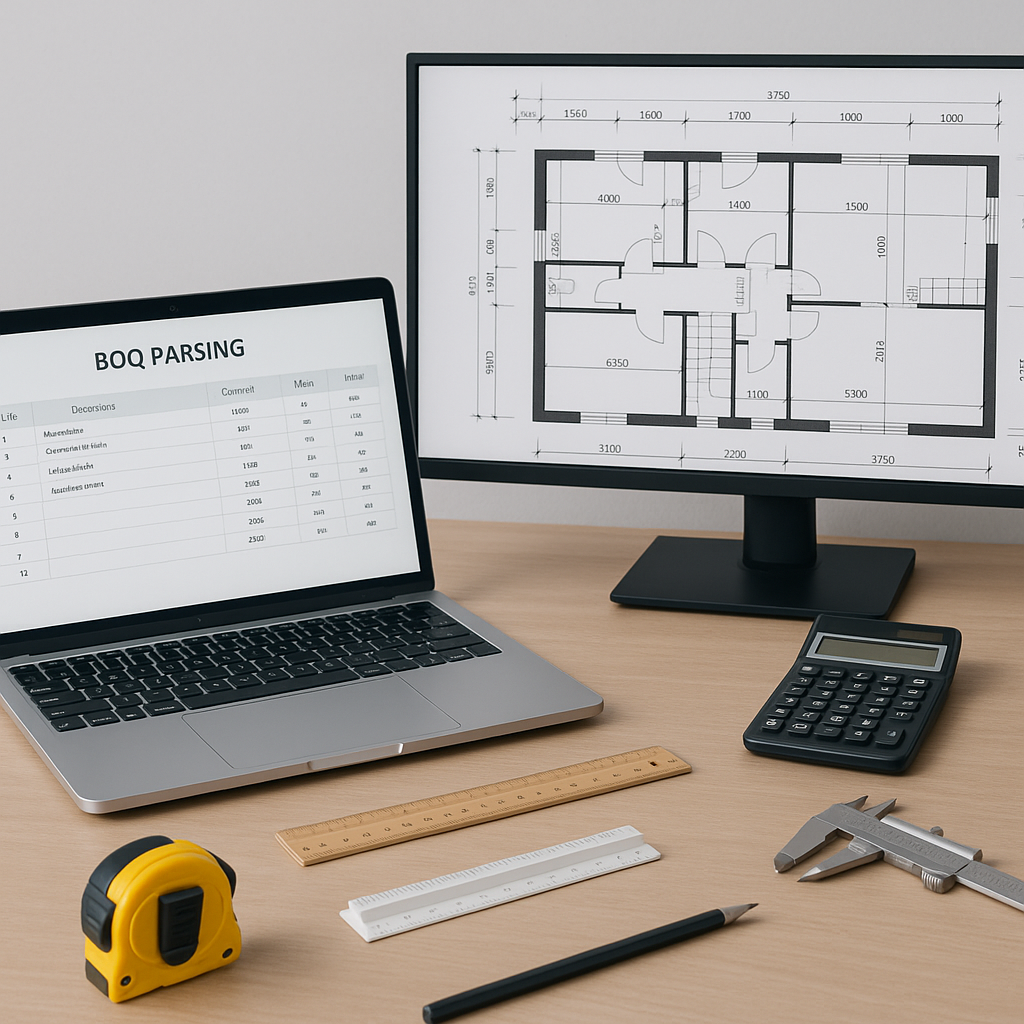A construction estimator's desk with a laptop showing BOQ parsing software on one screen and a PDF drawing on another, s...