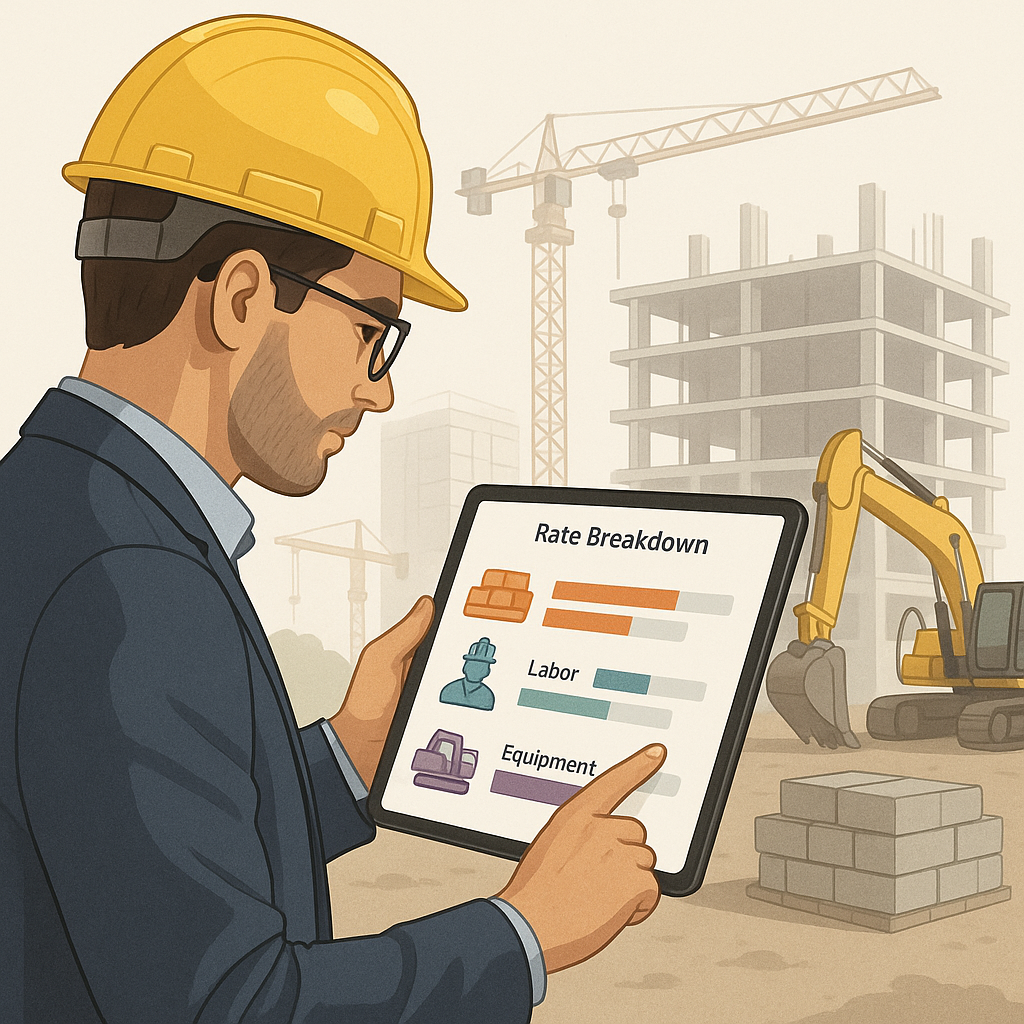 A realistic illustration of a construction project manager analyzing a digital rate breakdown on a tablet, with material...
