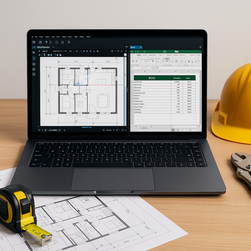 A detailed image of a contractor's desk with a laptop showing Bluebeam Revu, a takeoff PDF on one screen, and a BOQ Exce...