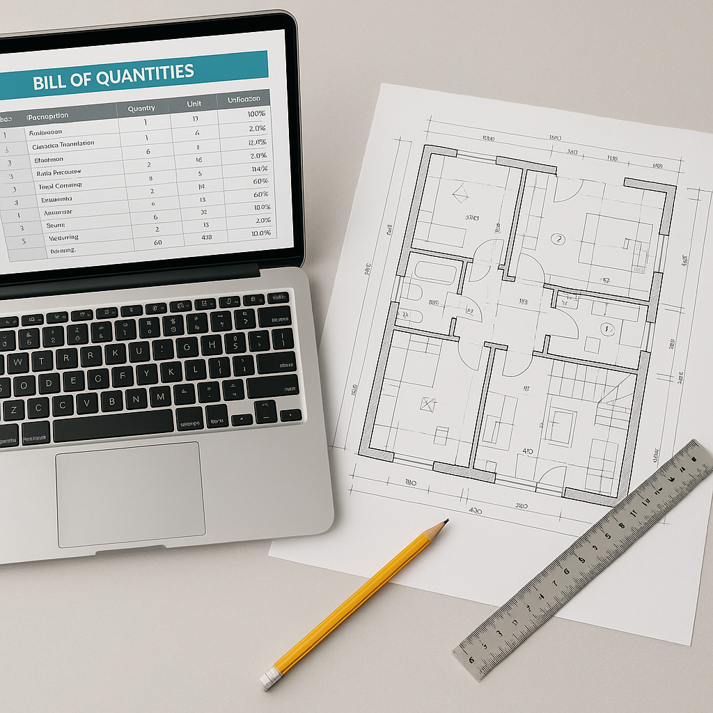 A detailed flat lay of a contractor's desk with a laptop showing a digital BOQ template, a printed blueprint, and a scal...
