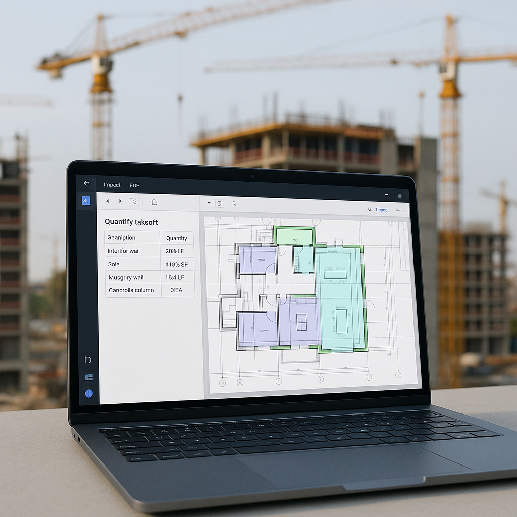 An AI-powered construction software interface on a laptop, showing automated quantity takeoffs from a PDF blueprint, wit...