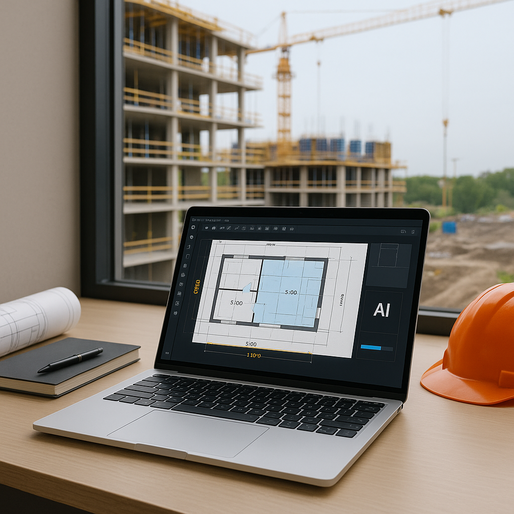 A laptop on a construction office desk, displaying a software interface with building blueprints, highlighted measuremen...