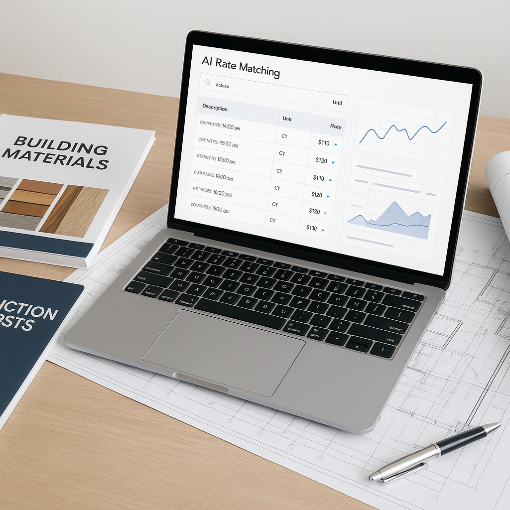 A construction estimator's desk with a laptop showing an AI-powered rate matching tool interface, surrounded by catalogs...